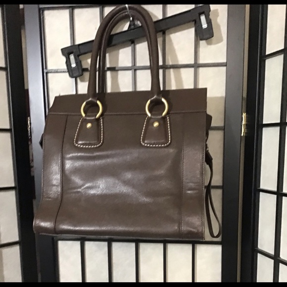 Talbot Leather Tote Handbag /Brass Hardware. Color is Beautiful Chocolate Brown - Picture 2 of 11